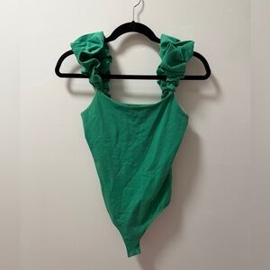 Express Ruched Puff Strap Scoop Neck Thong Bodysuit